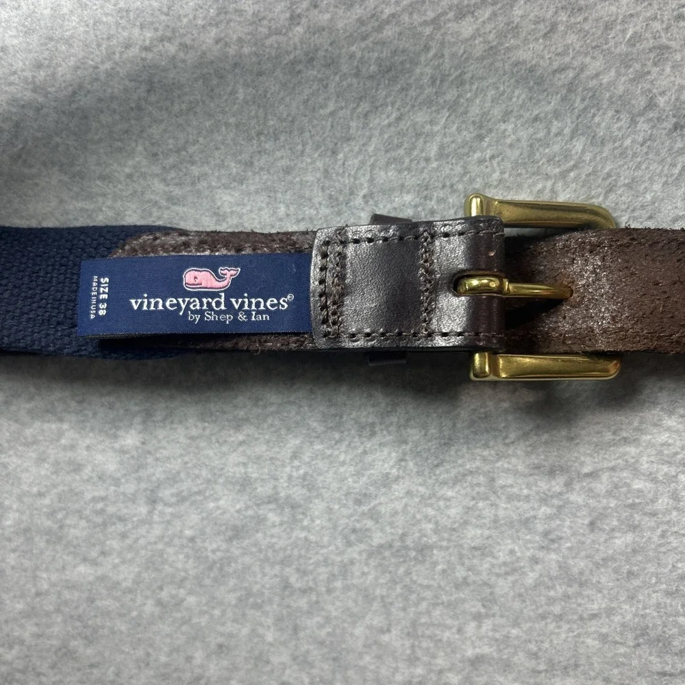 Vineyard Vines Belt Mens 38 Ribbon Canvas Navy Blue White Stripes Brass Buckle